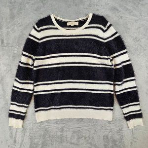 Ann Taylor LOFT Sweater Women's Large Black White Striped Fuzzy Soft‎ Pullover